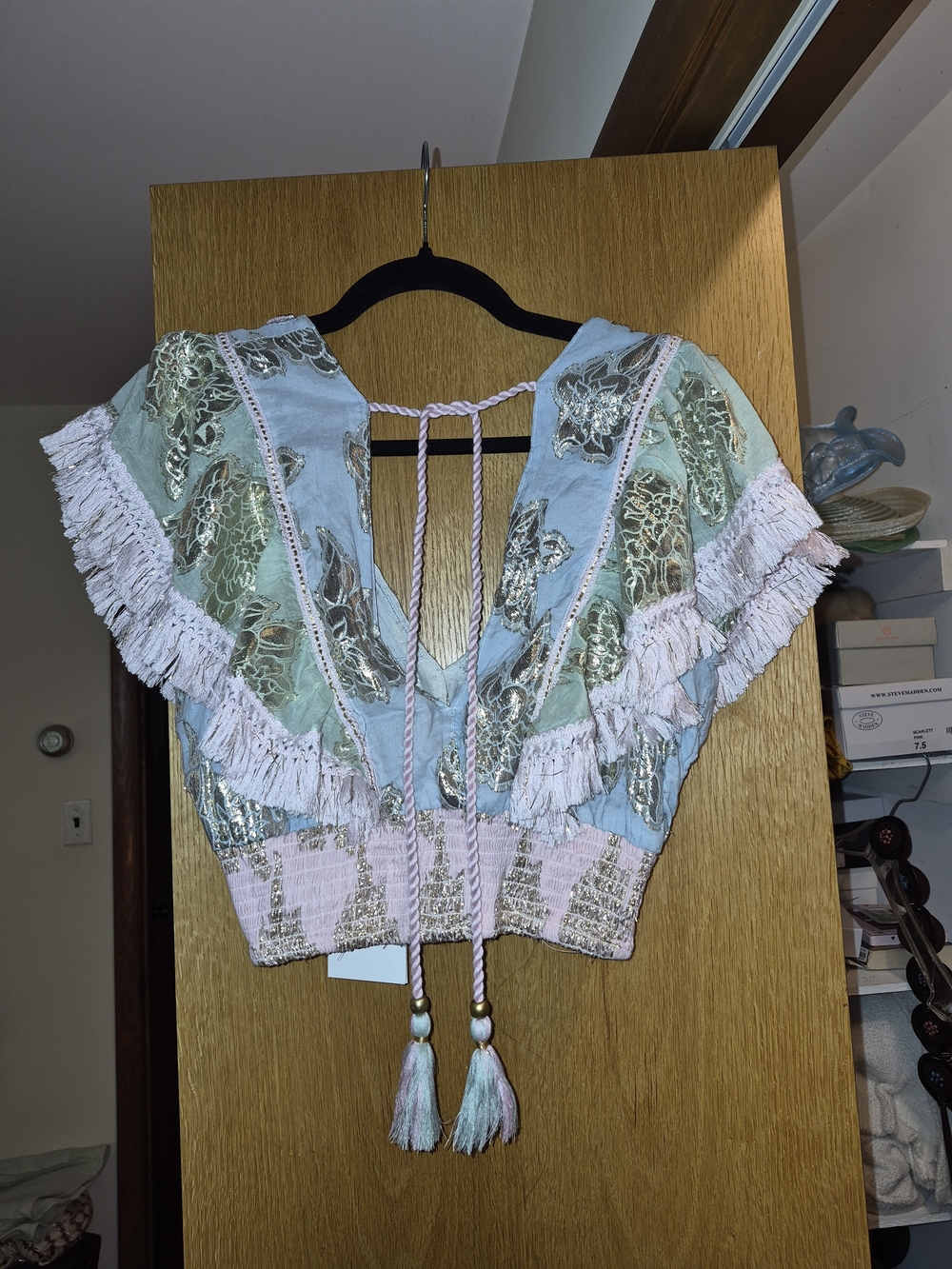 Pastel Blue & Pink Embroidered Fringe Tie-Front Crop Top